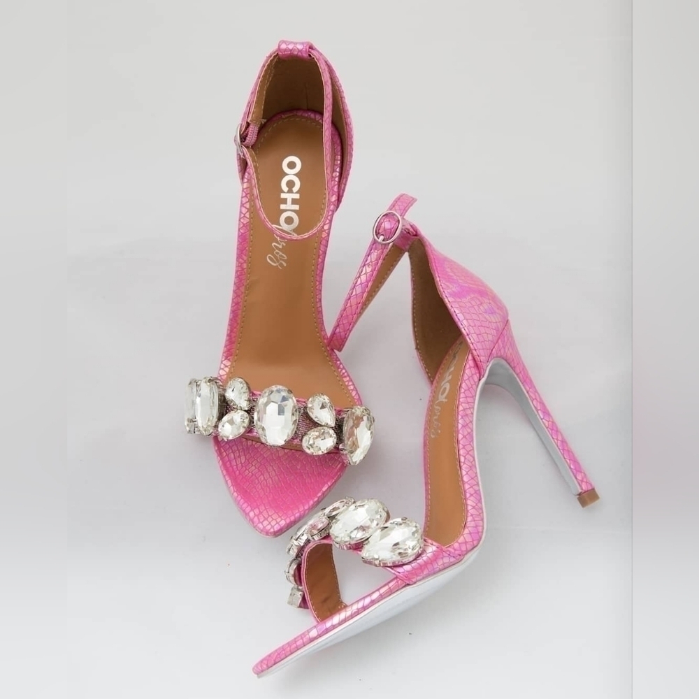 Pink croc print, ankle strap heel with large jewels, 4 inches